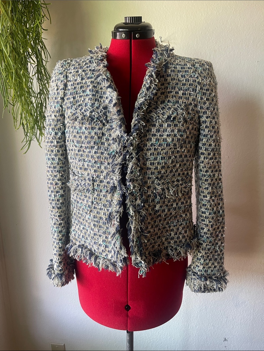 Fringed Bouclé Blazer in Blue and Cream